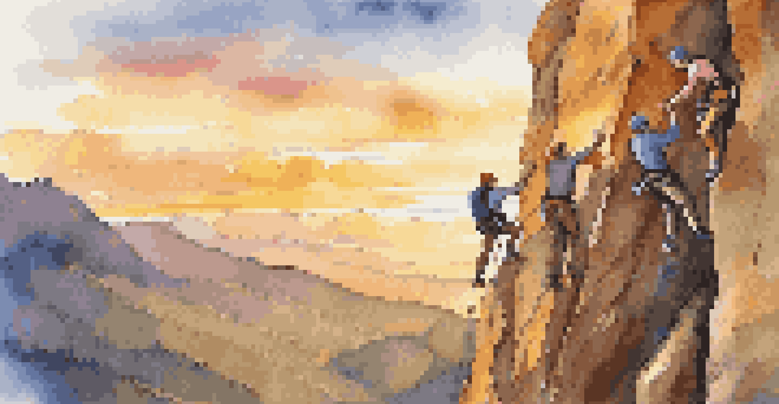 A group of friends rock climbing on a cliff at sunset, showcasing their determination and climbing gear.