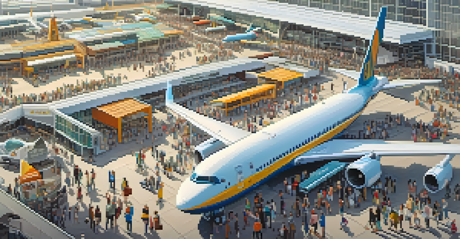 An overhead view of a busy airport terminal with travelers and luggage.