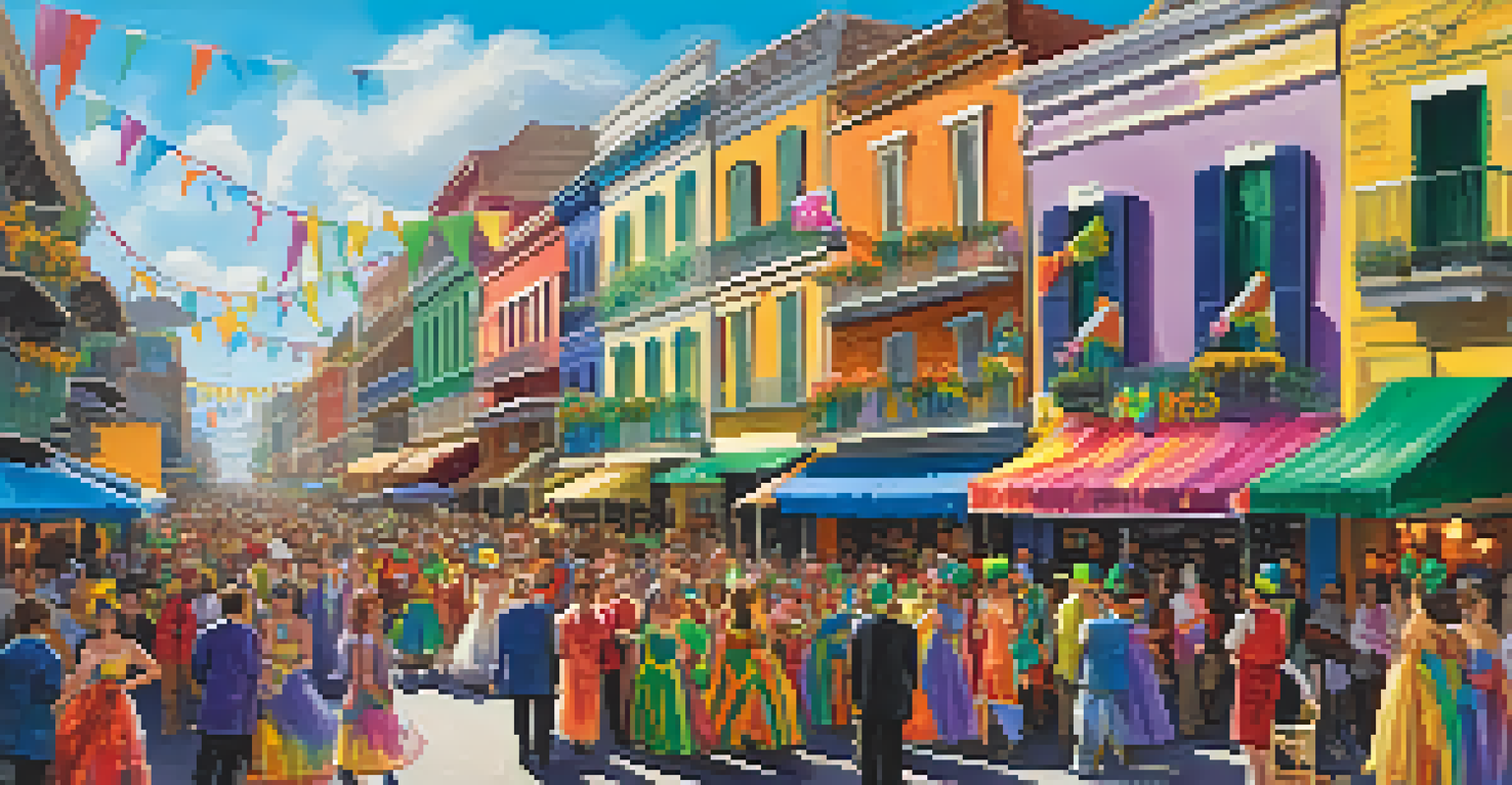 A lively city street during a festive event with colorful decorations and people celebrating.