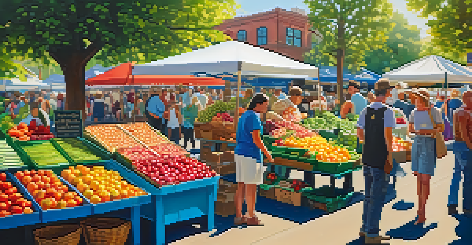 A vibrant farmer's market with stalls of fresh produce and people interacting with local farmers.