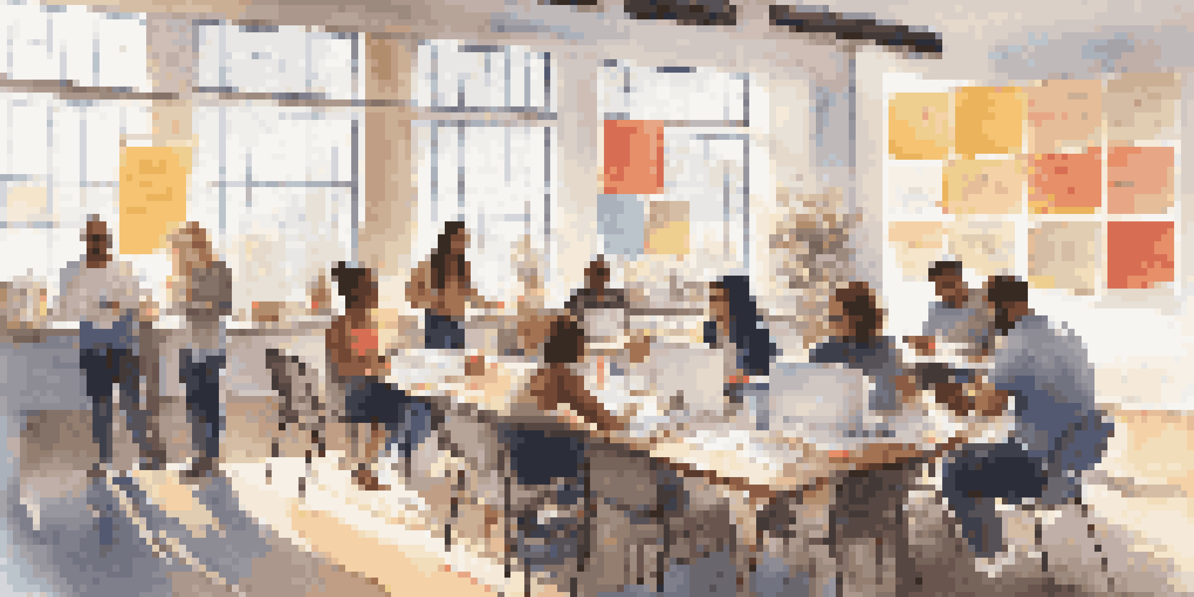 A diverse group of participants engaging in a study skills workshop, with bright sunlight illuminating the room filled with colorful materials and a collaborative atmosphere.