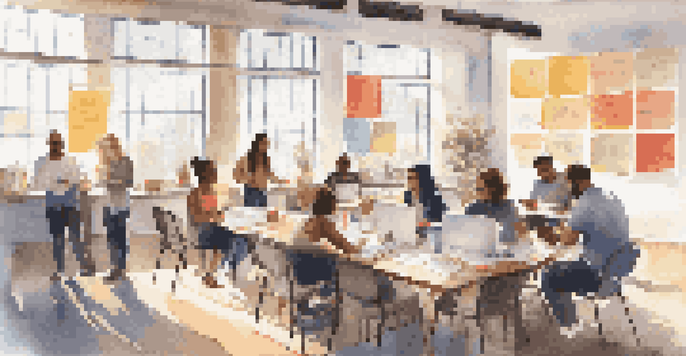 A diverse group of participants engaging in a study skills workshop, with bright sunlight illuminating the room filled with colorful materials and a collaborative atmosphere.