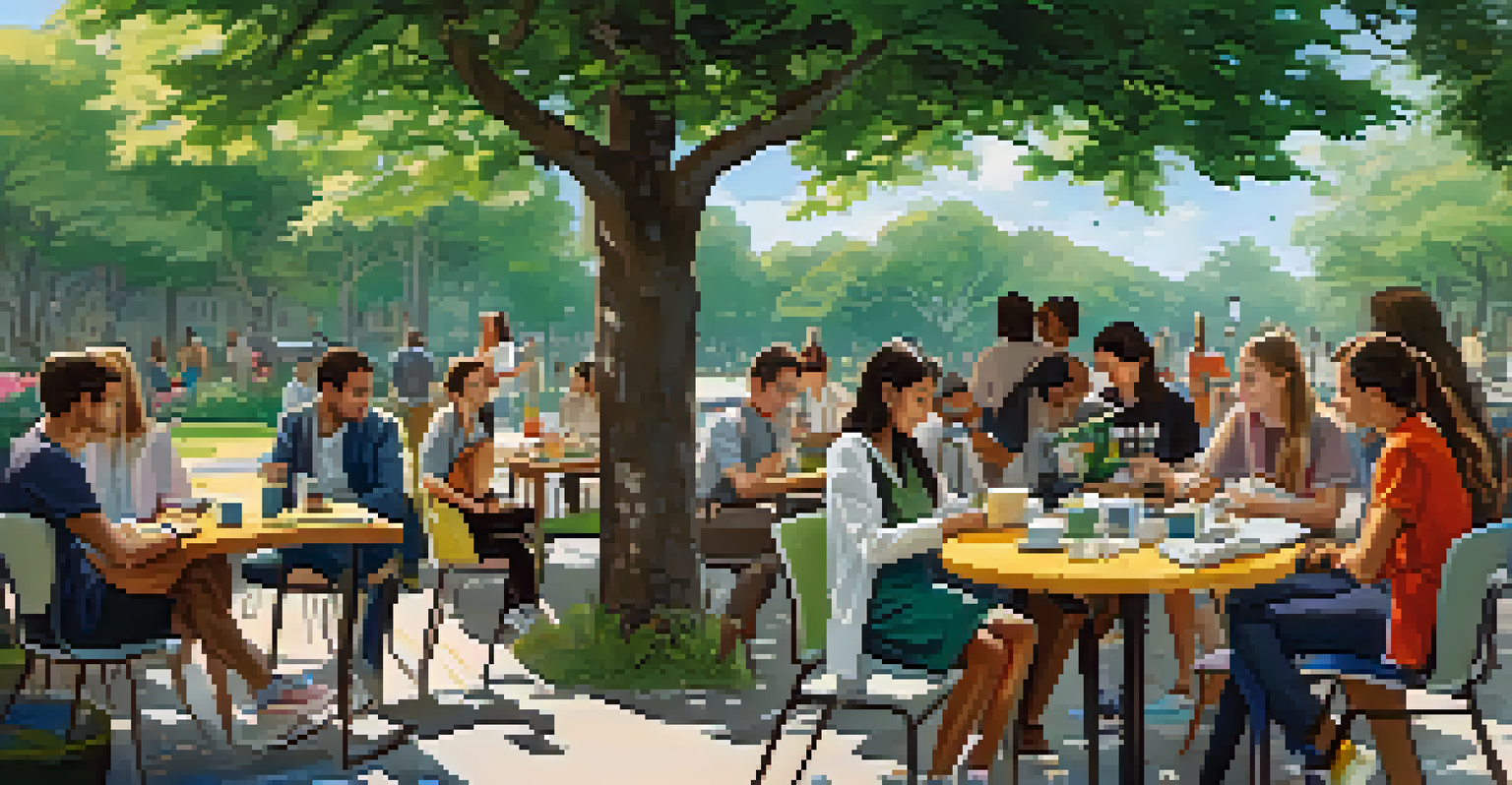A group of interns from different countries sitting at an outdoor café, chatting over coffee with books and notebooks on the table.