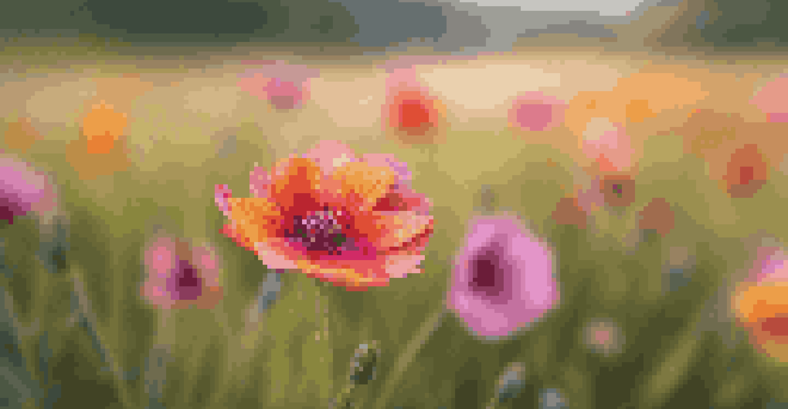A close-up of a colorful flower with a blurred green background, highlighting its beauty and morning dew.