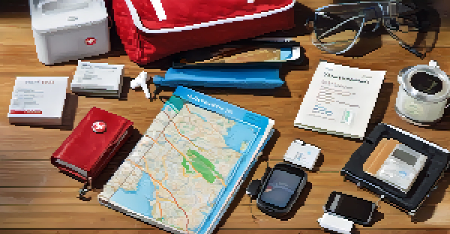 A travel kit with first-aid supplies, a phone charger, and a personal alarm on a wooden table.