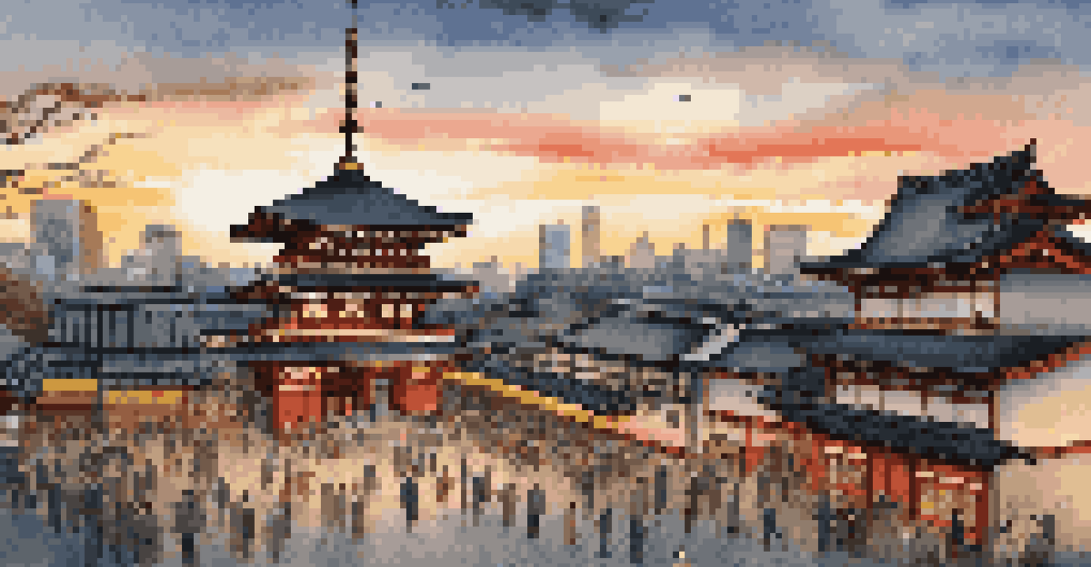 Senso-ji Temple illuminated by sunset, surrounded by people and modern buildings.