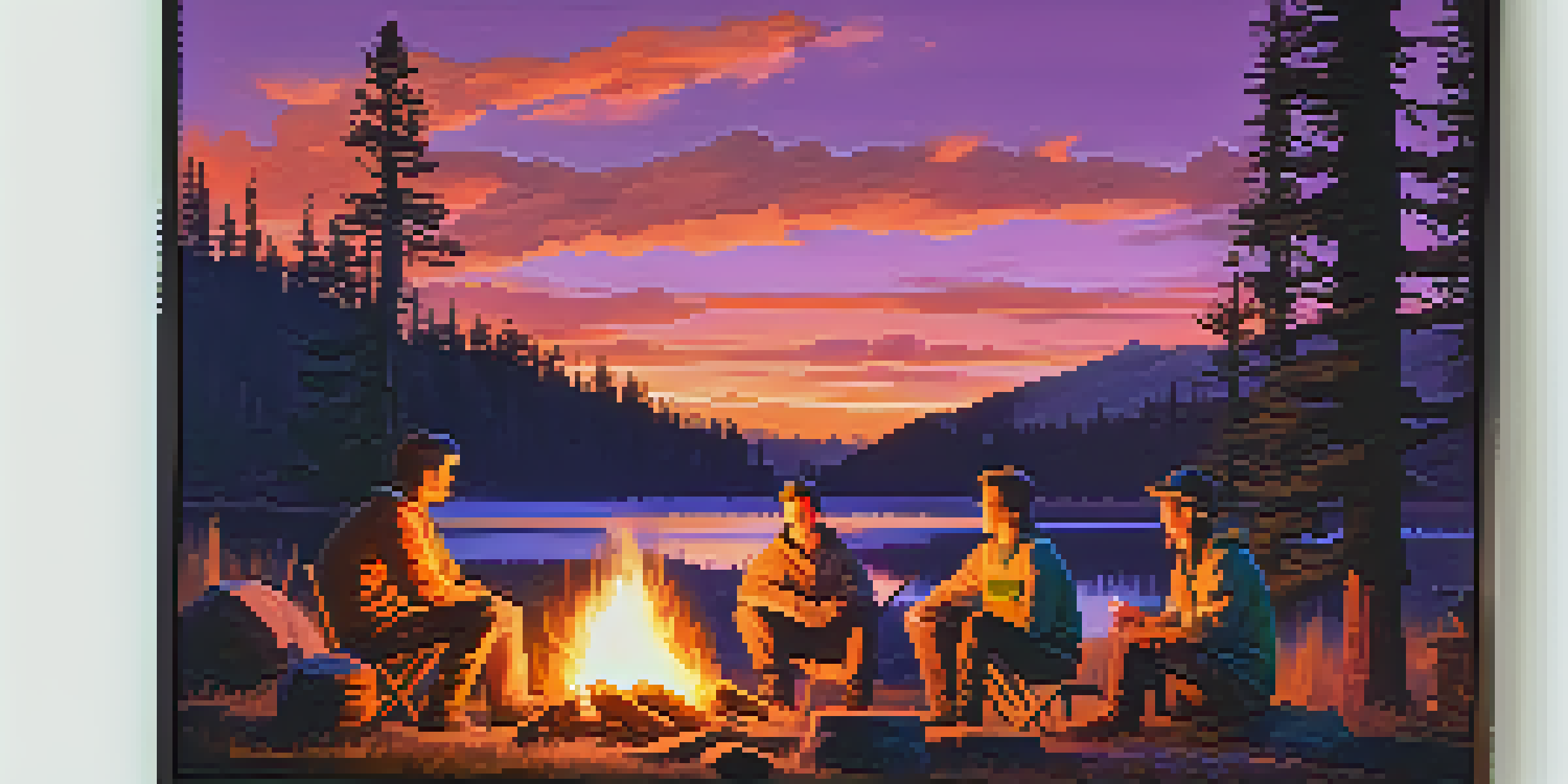 A group of friends cooking kebabs over a campfire at dusk, with vibrant sky colors and silhouettes of pine trees in the background.