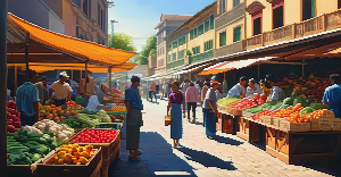 A lively market with fresh fruits and vegetables, showcasing colorful stalls and vendors engaging with customers under the sunlight.