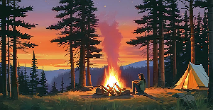 A peaceful camping scene at dusk with a campfire, tall trees, and a person sitting by the fire, reflecting on the day.