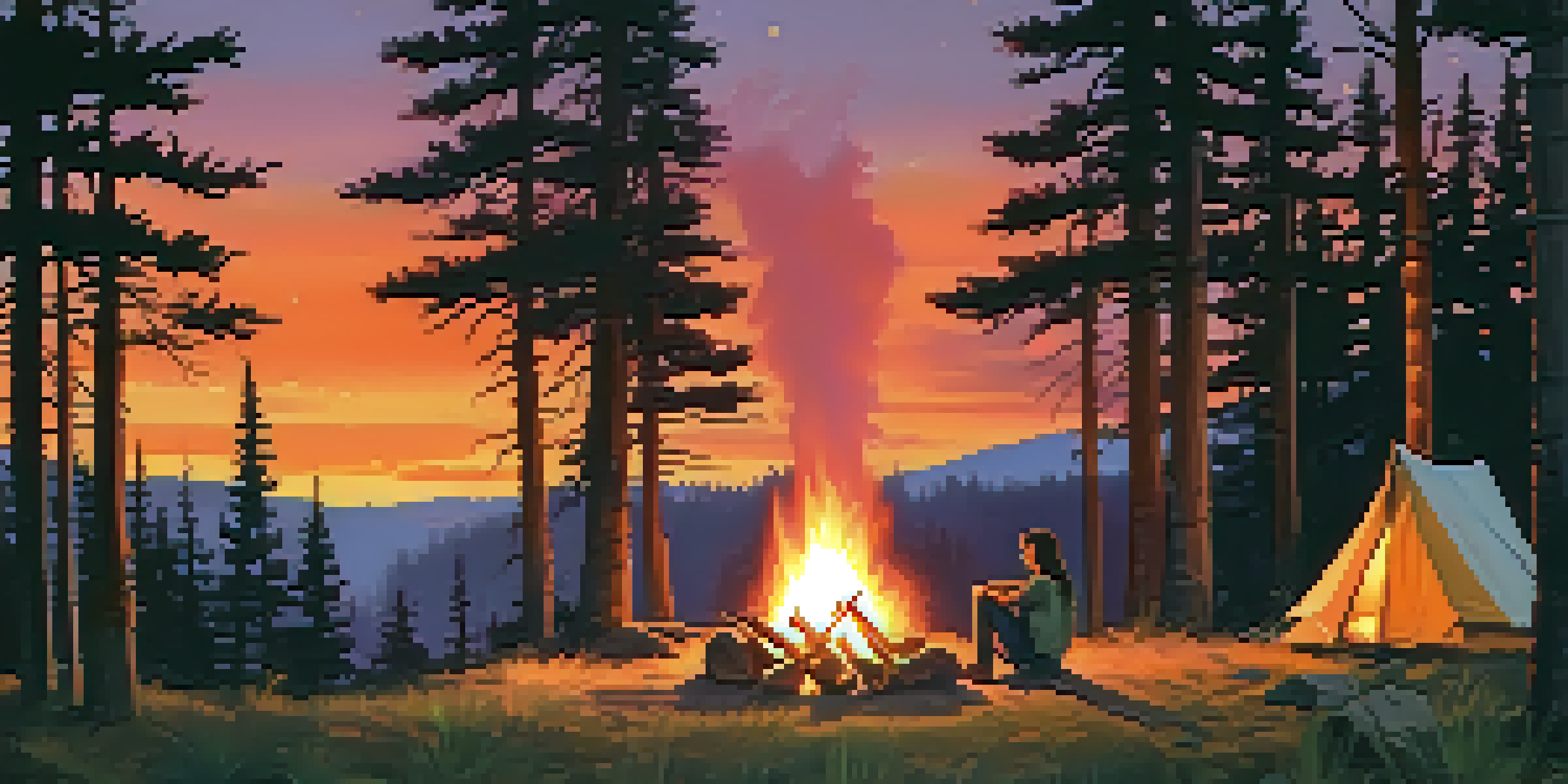 A peaceful camping scene at dusk with a campfire, tall trees, and a person sitting by the fire, reflecting on the day.
