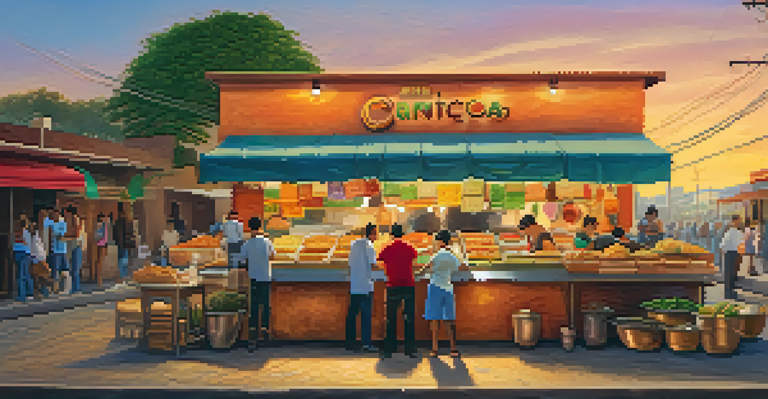 A colorful street food stall in Mexico serving a variety of tacos, with people enjoying their meals in a warm setting.