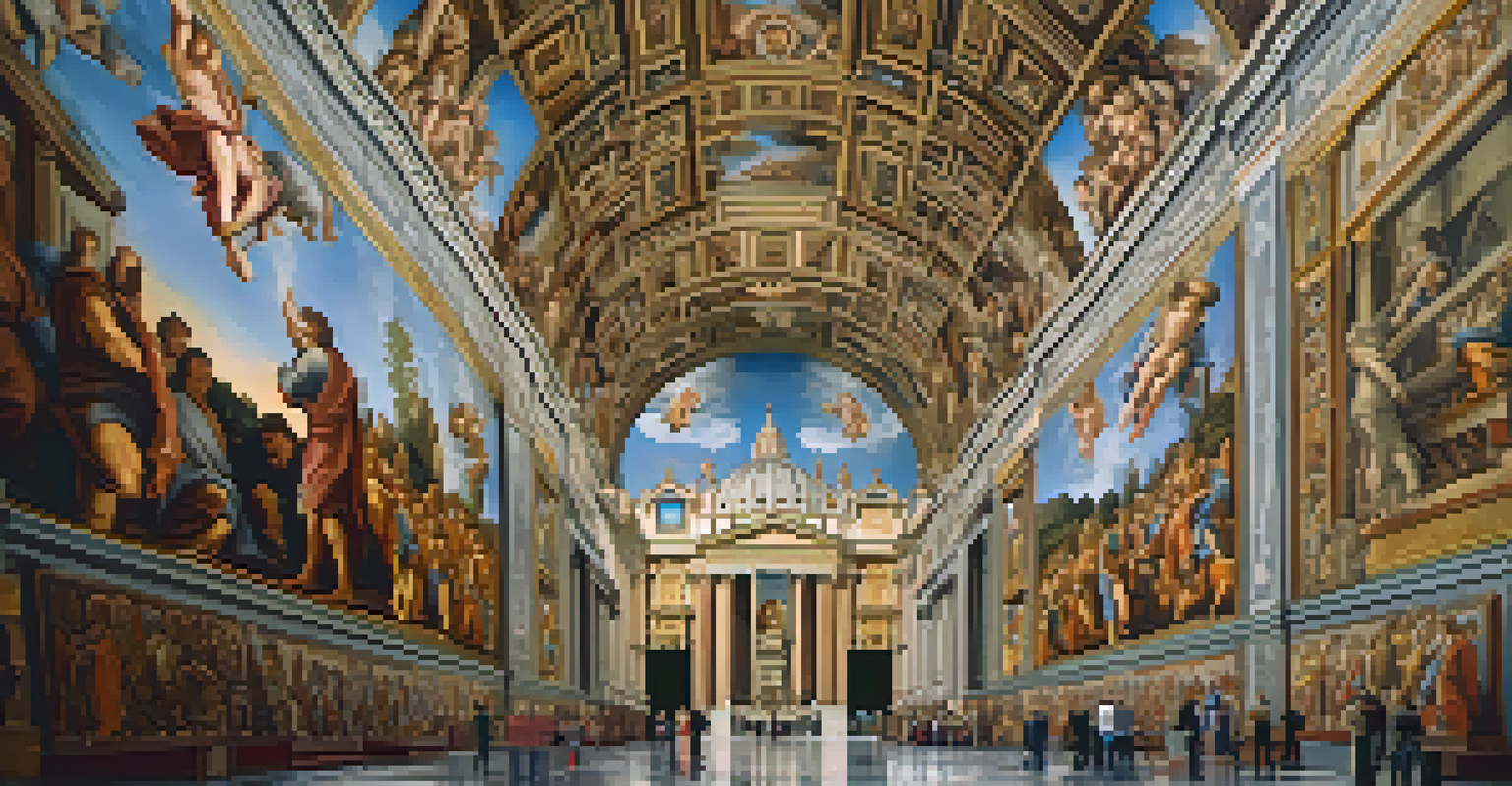 The interior of the Vatican Museums featuring the Sistine Chapel ceiling, with visitors admiring the ornate frescoes and warm lighting creating a reverent atmosphere.