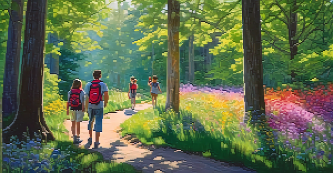 A family hiking on a green trail in a park, with sunlight filtering through trees and children pointing at a bird.