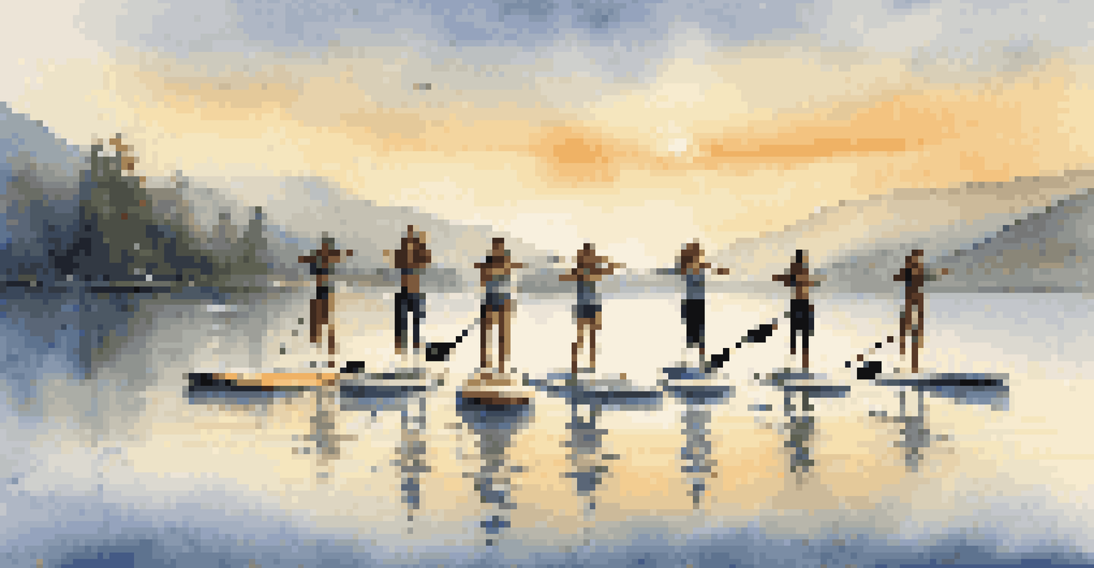 A group of friends doing yoga on paddleboards on a calm lake during sunrise, with mist and mountains in the background.