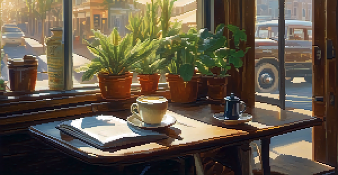 A traveler sitting at a café, studying local laws with a laptop and a travel guidebook, surrounded by sunlight and plants.