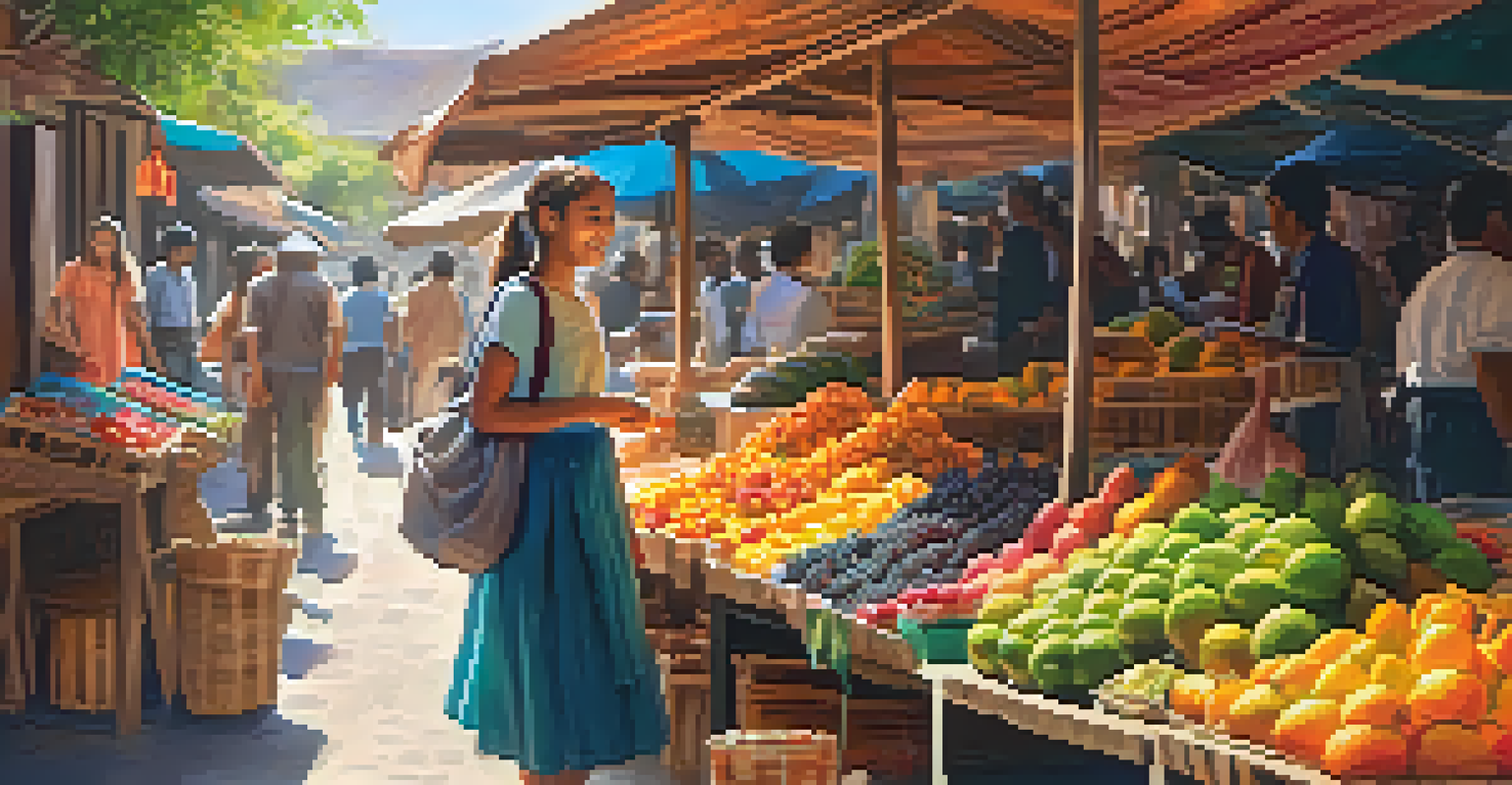 A teenage girl exploring a busy local market, surrounded by colorful stalls and interacting with a vendor.