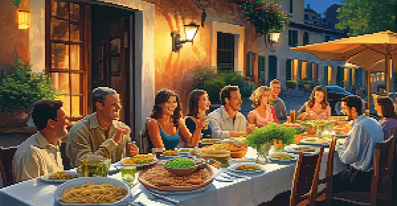 A rustic Italian dining table filled with pasta and fresh dishes, with family and friends enjoying the meal under candlelight.