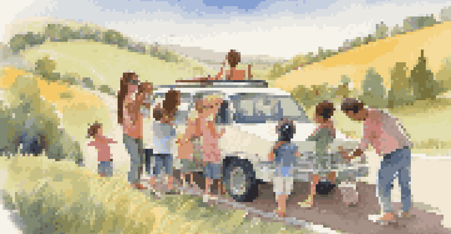 A family creating a road trip playlist together, with children discussing their favorite songs, surrounded by a sunny landscape.