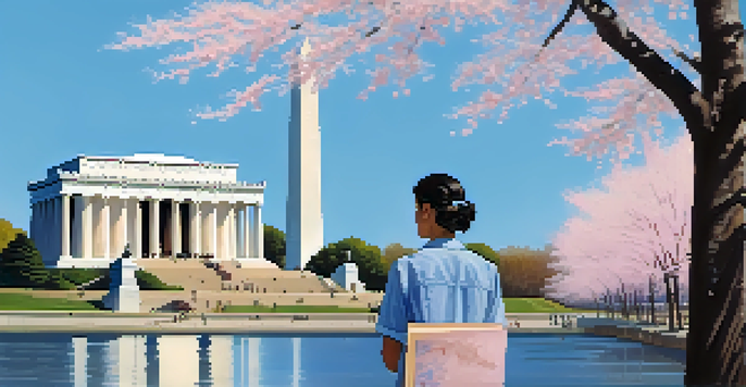 A high school student in front of the Lincoln Memorial, holding a textbook, surrounded by blooming cherry blossom trees.