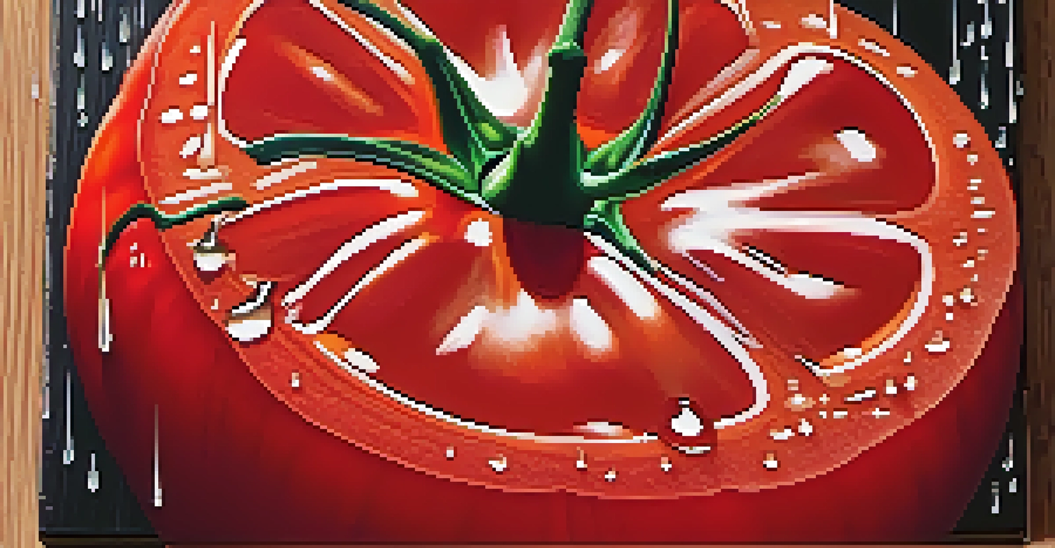 A close-up of a fresh tomato being sliced on a wooden cutting board with herbs in the background.
