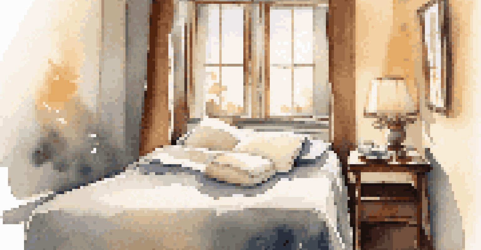 A cozy hotel room with a comfortable bed, natural light, and a glass of water on a table, creating a peaceful atmosphere.