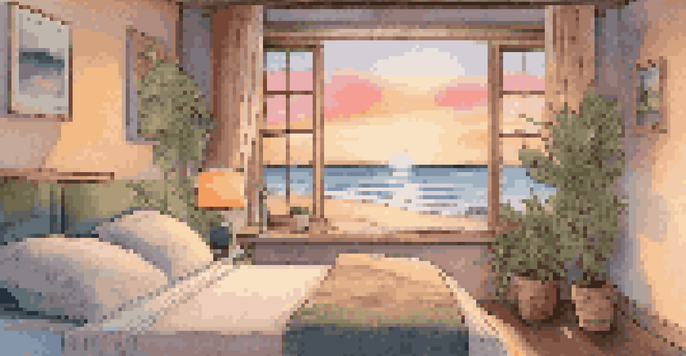 A cozy hotel room with a sunset view, warm lighting, and a neatly made bed.