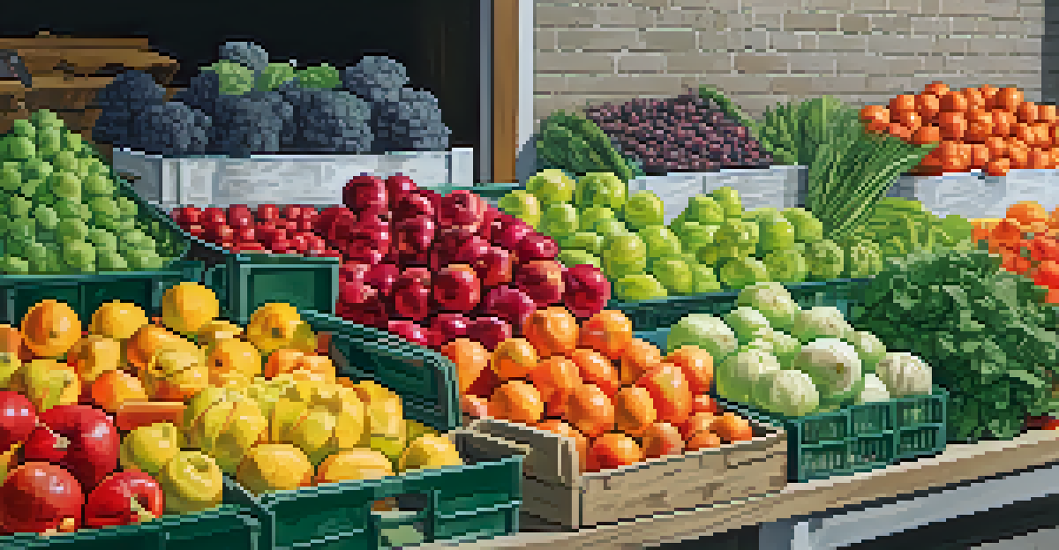 A lively market stall overflowing with colorful fruits and vegetables, contrasting against a dull gray brick background.
