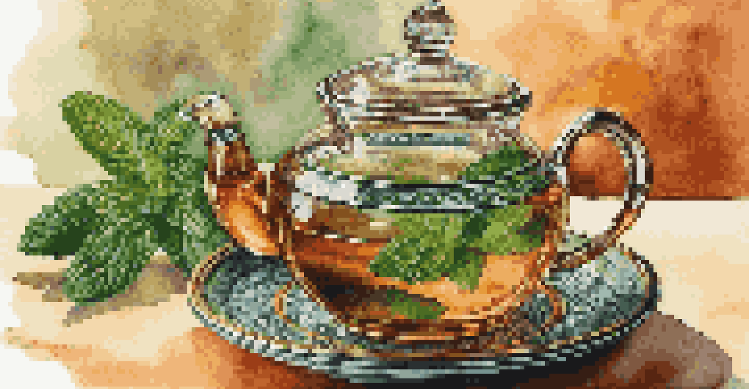 A close-up of Moroccan mint tea being poured from a teapot into a glass, with mint leaves visible.