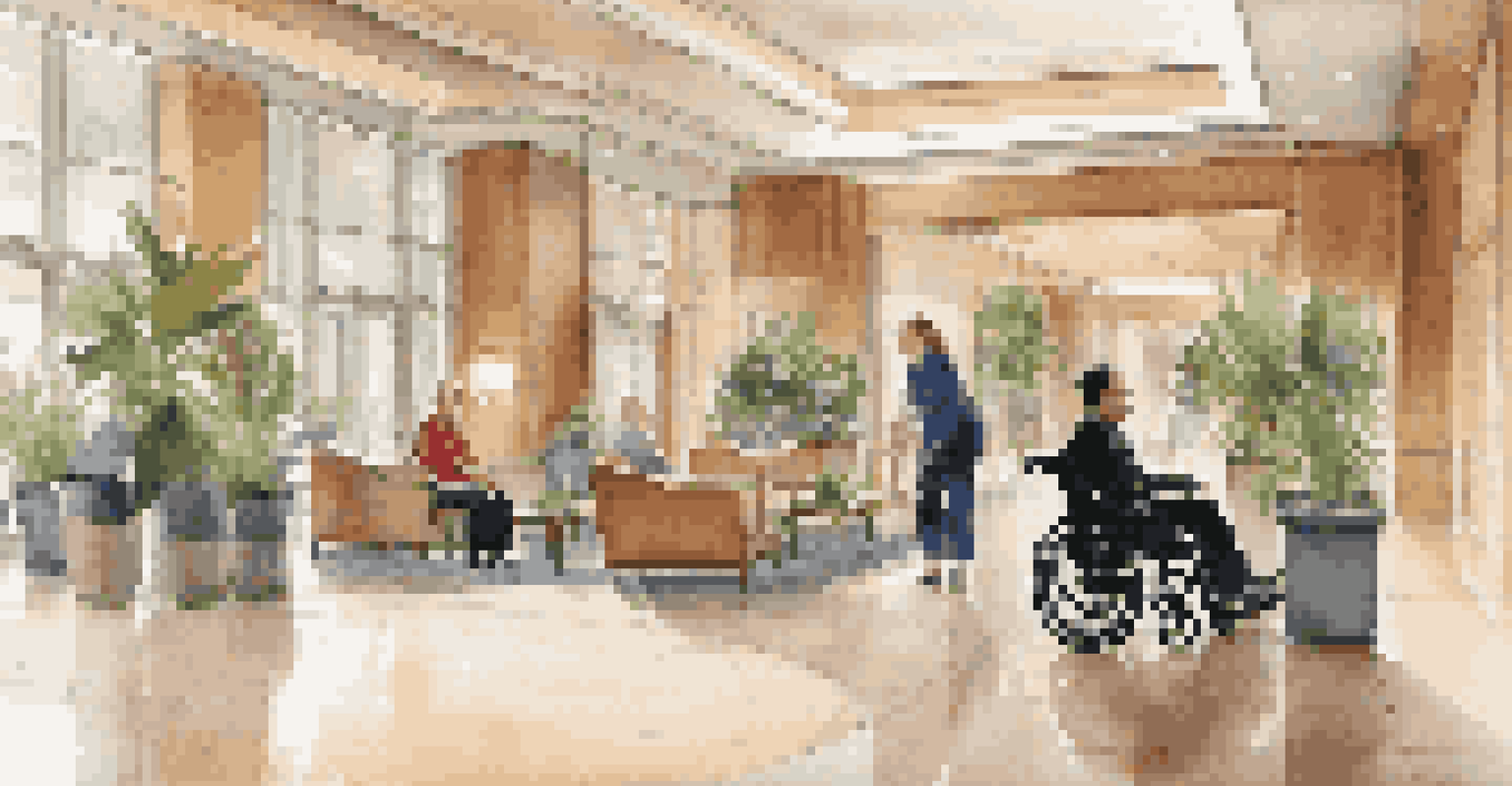 A hotel lobby with modern decor designed for accessibility, showing a staff member assisting a guest in a wheelchair.