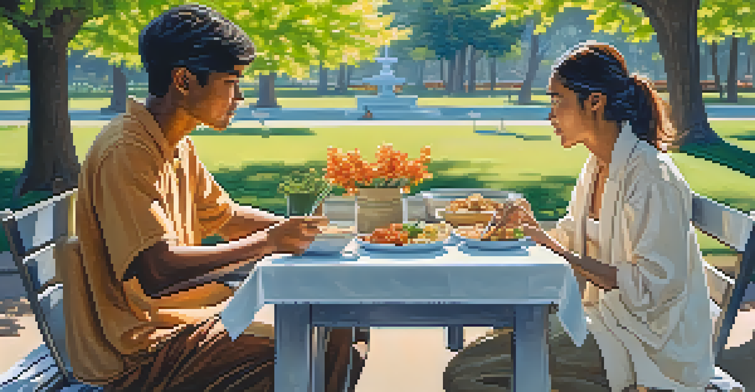 Two individuals from different cultures sharing a meal on a park bench surrounded by flowers and trees.