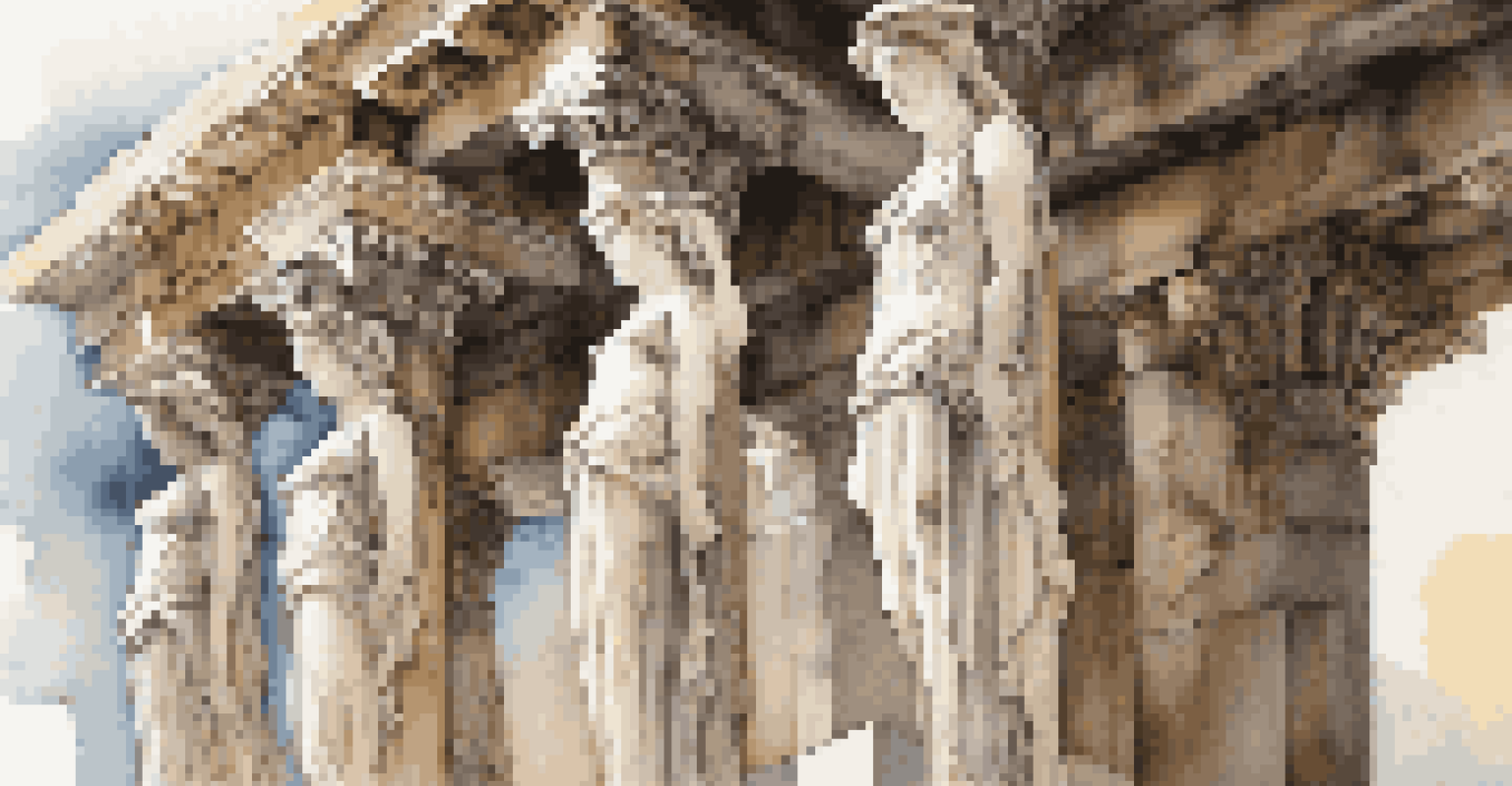Close-up of the Caryatids from the Erechtheion on the Acropolis, highlighting their intricate details.