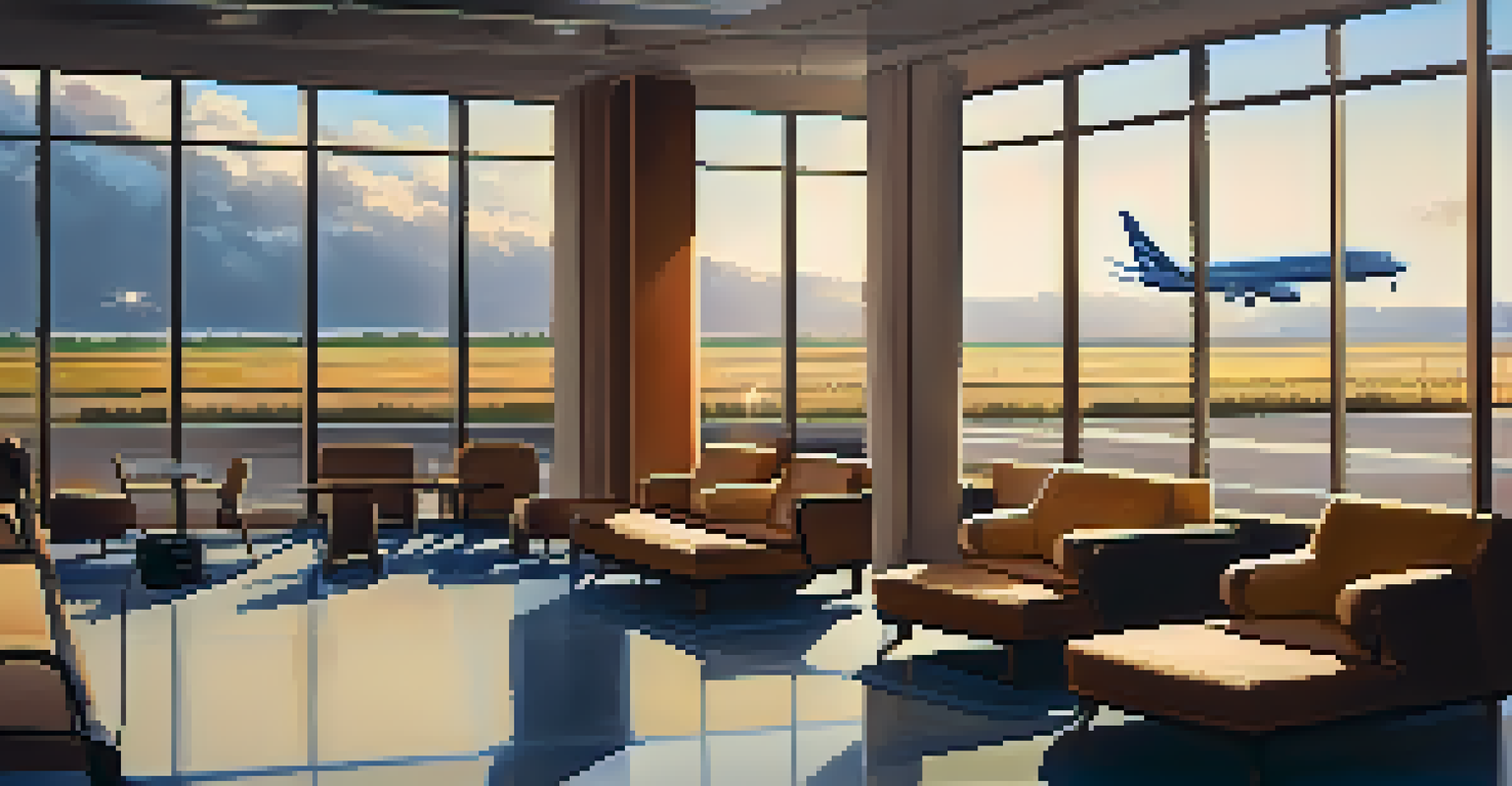 A peaceful airport lounge with cozy seating and charging stations, overlooking planes outside.
