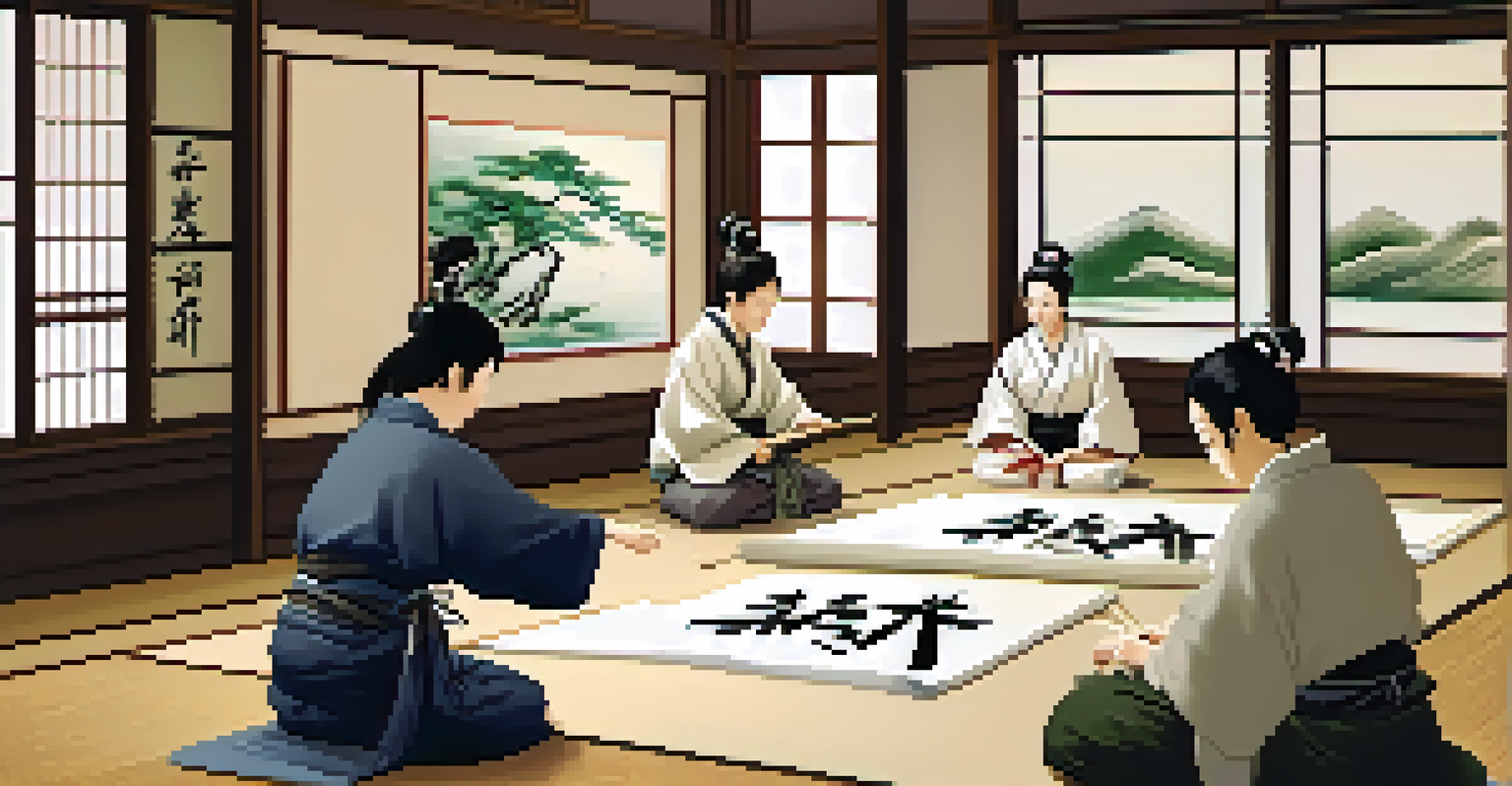 A Japanese calligraphy workshop with an artist demonstrating brush strokes on rice paper, surrounded by participants and traditional decor.