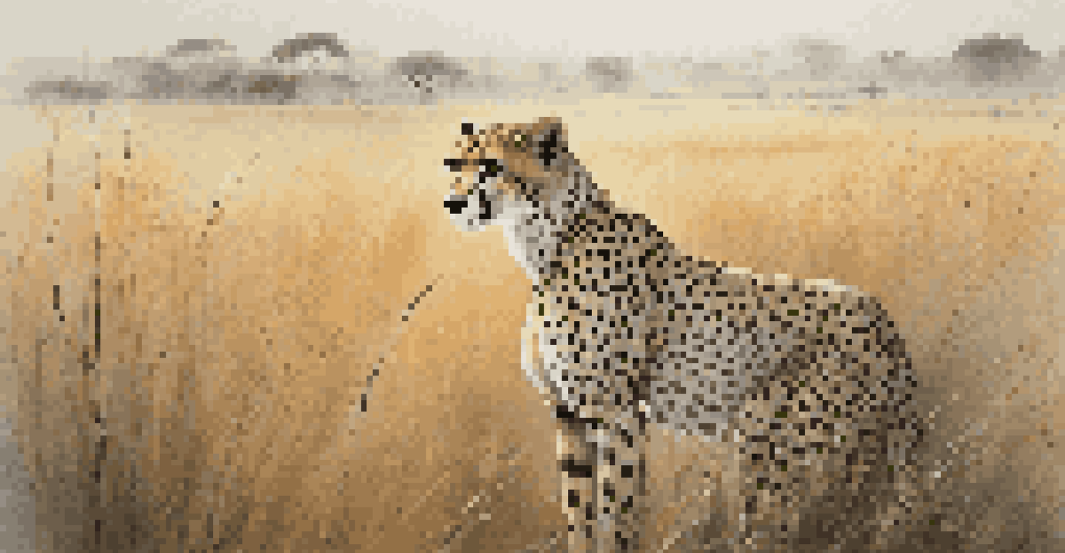 A close-up of a cheetah alert in the tall grass at dawn, with the African savannah in the background.