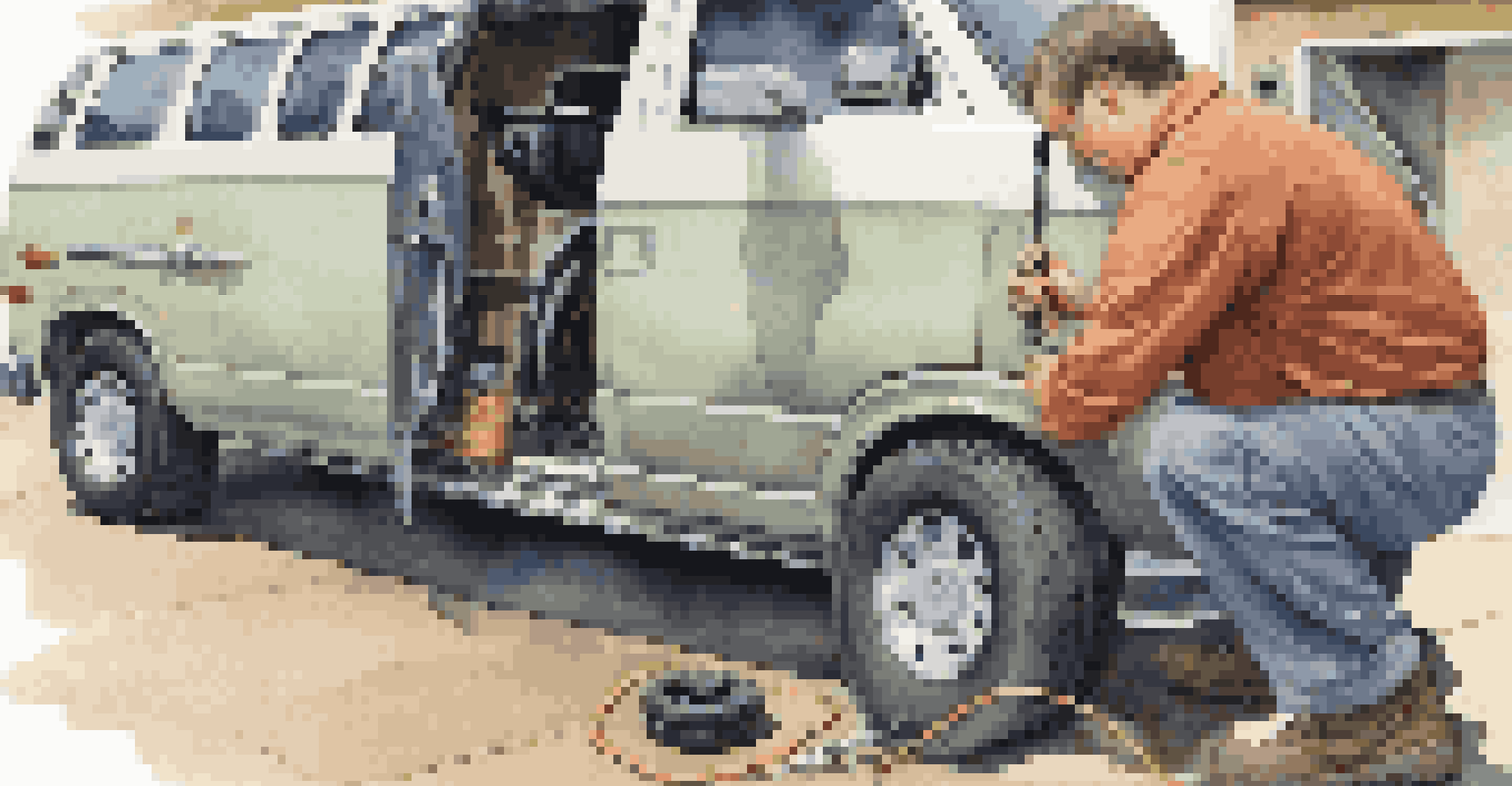 A technician using a tire gauge to check the pressure on a van's tire, focusing on the texture of the tire.