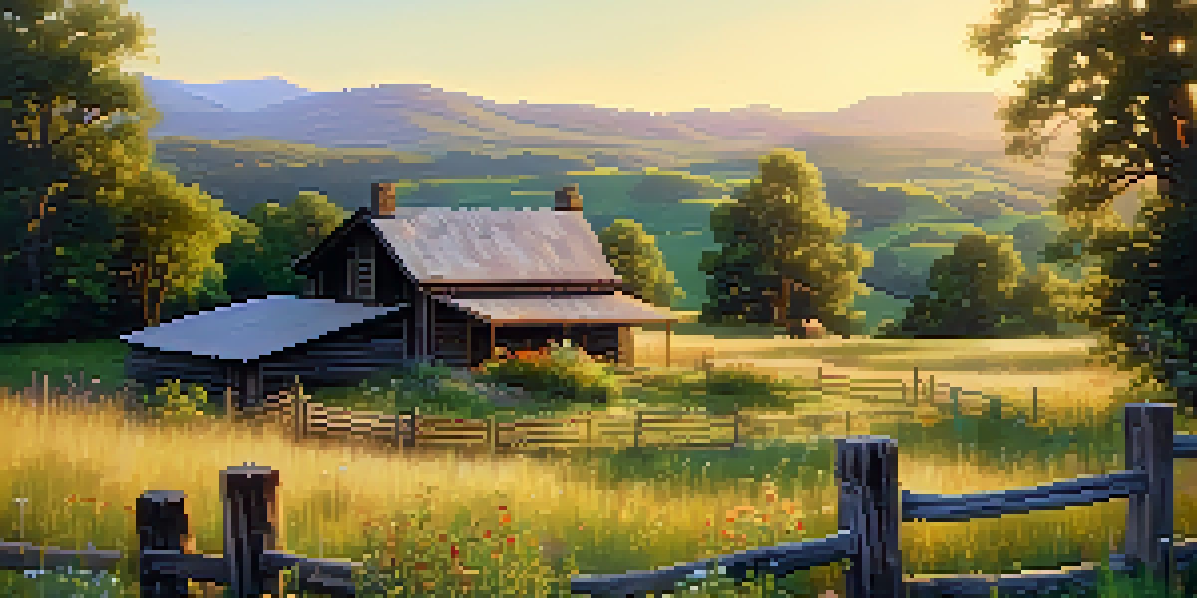 A peaceful ancestral homestead in a green landscape, bathed in golden light, with wildflowers in the foreground and rolling hills in the background.