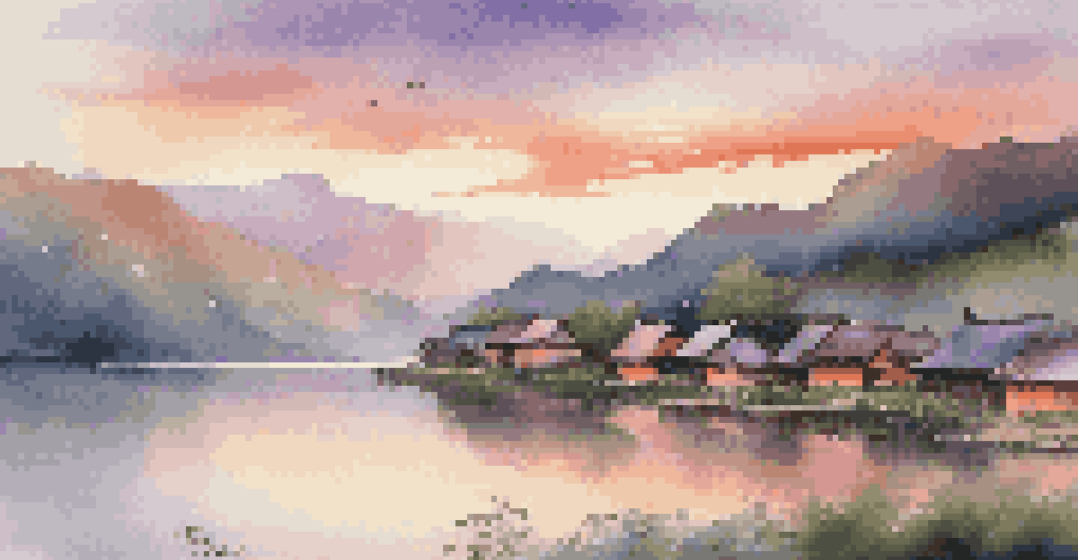 A picturesque mountain village at sunset with colorful skies and traditional wooden houses.