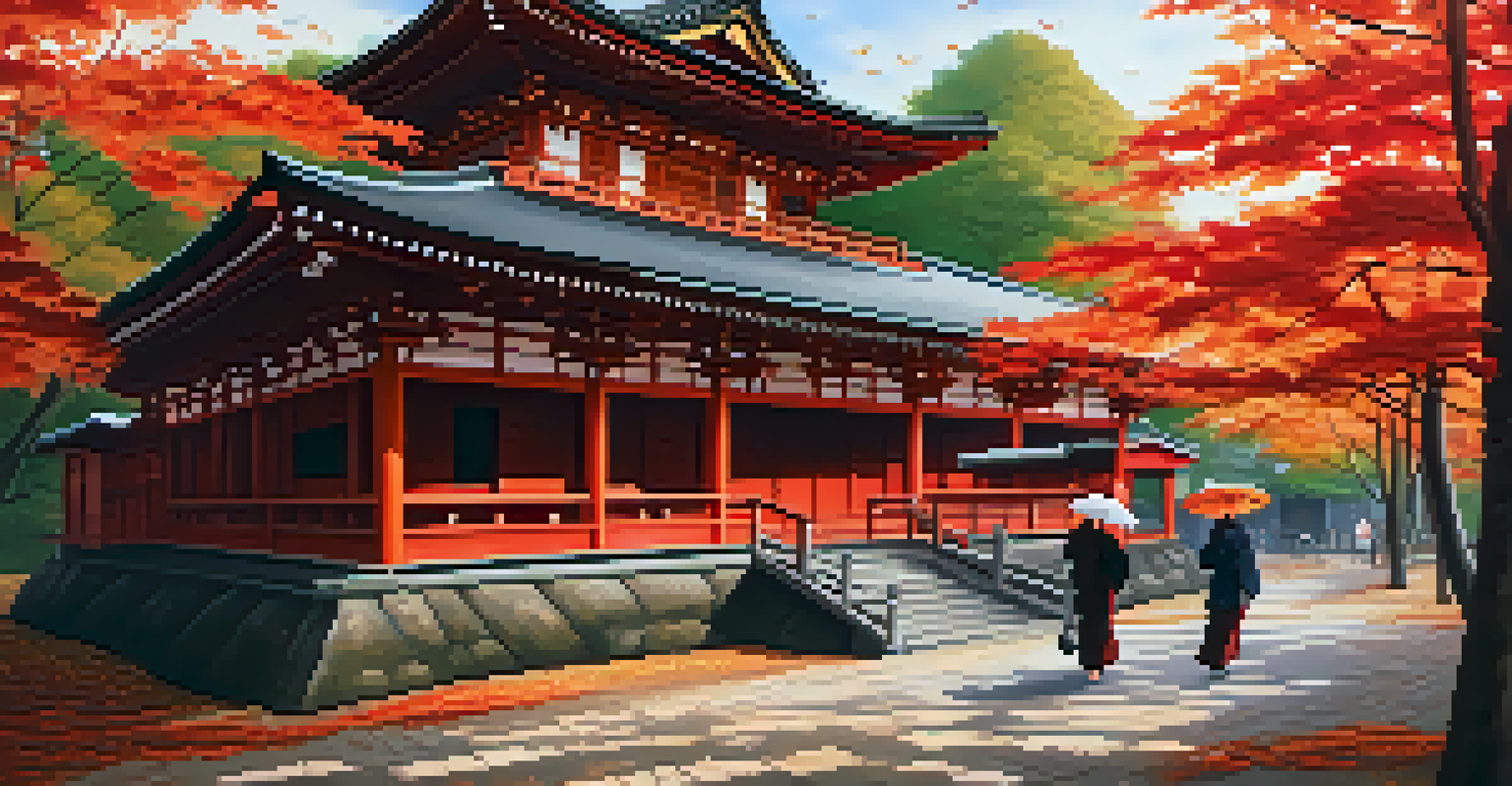 An autumn view of a Kyoto temple surrounded by bright red and orange maple leaves, with visitors walking along a path.