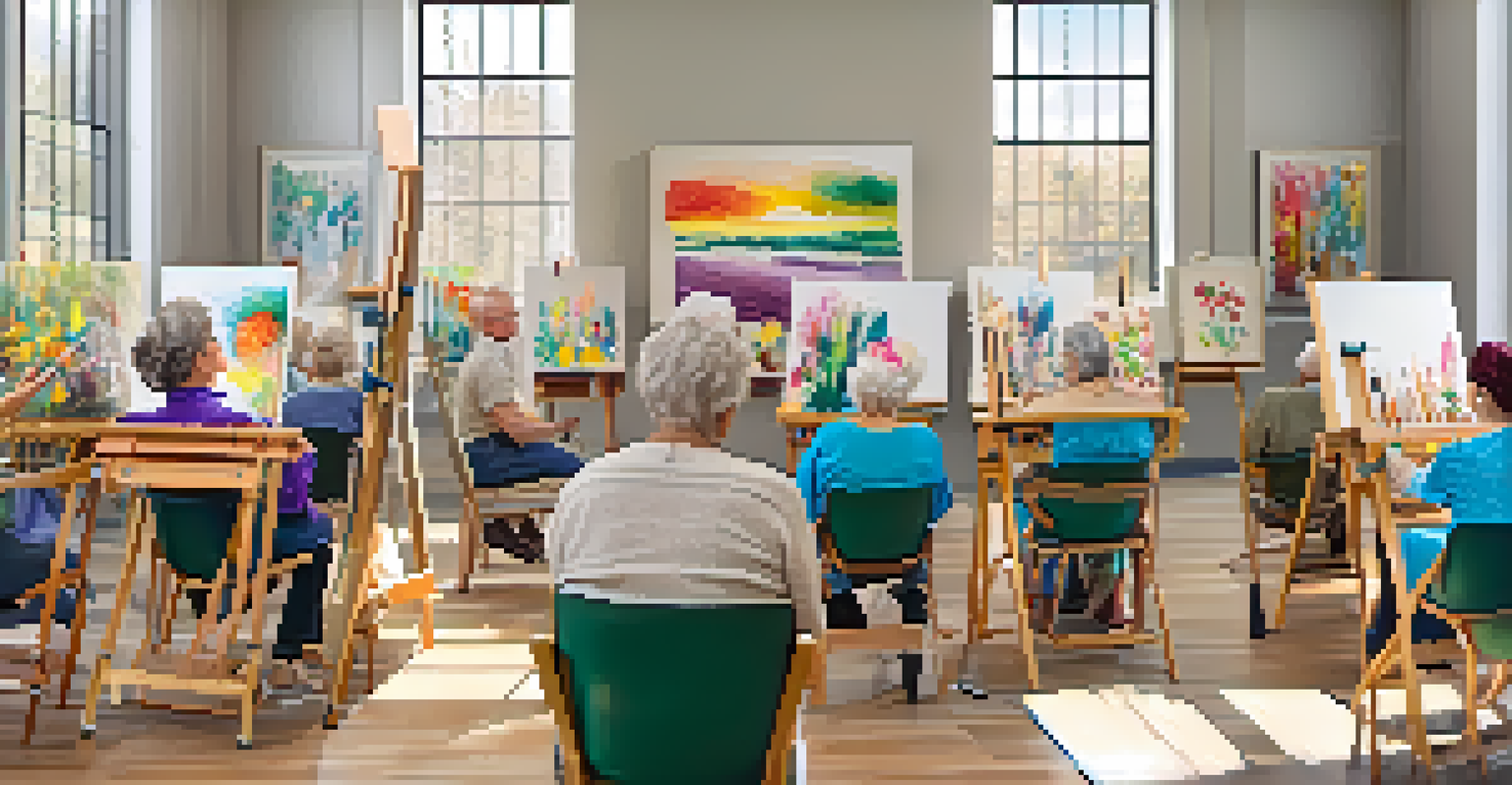 Seniors participating in an art workshop, painting at easels in a bright and cheerful environment.