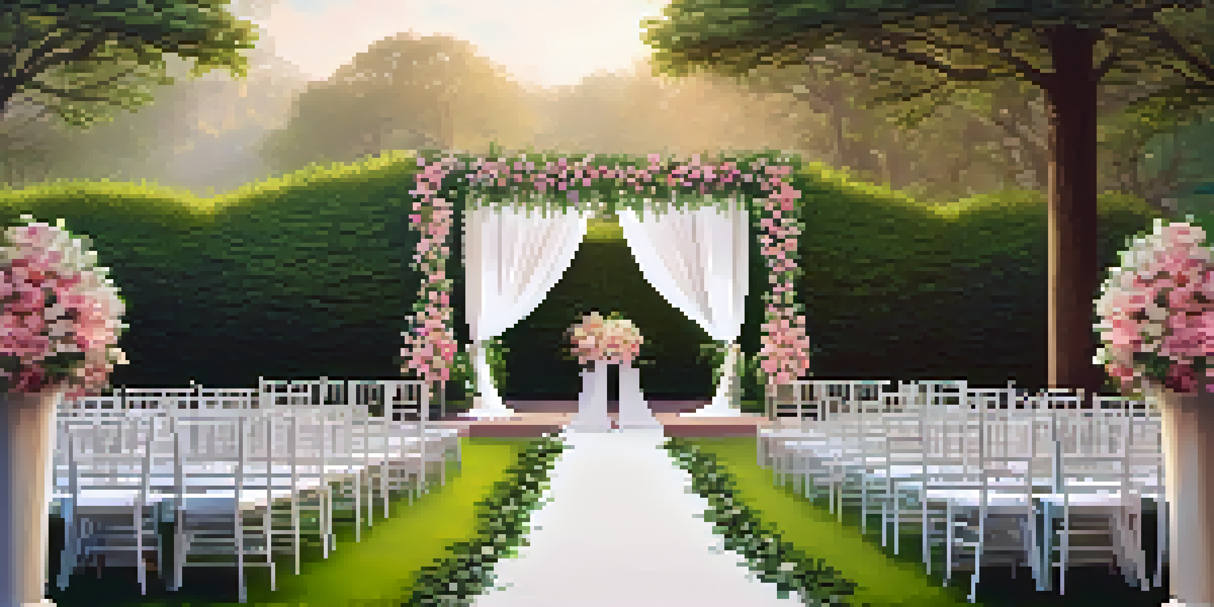 An outdoor wedding setting with traditional wedding attire, surrounded by greenery and flowers, illuminated by soft sunlight.