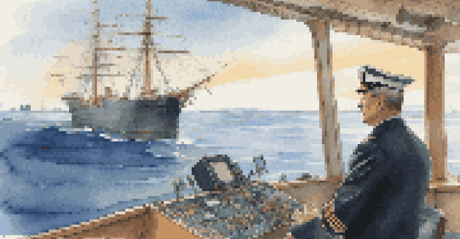 A ship navigating calm waters with a captain using a GPS device on deck, surrounded by a clear sky and distant land, emphasizing maritime navigation.