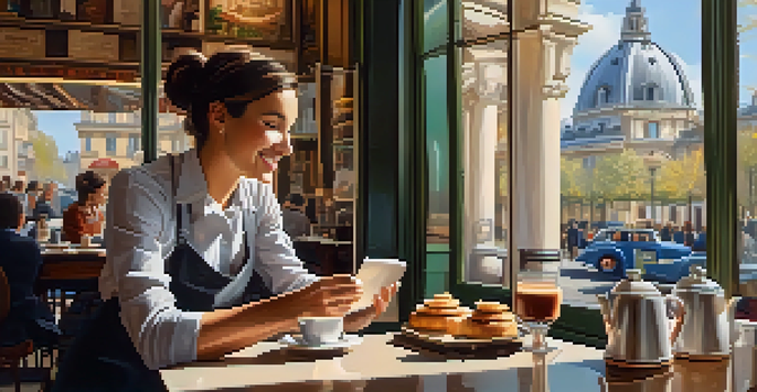A traveler ordering coffee in a sunny Parisian café, with a smiling barista and colorful pastries visible.