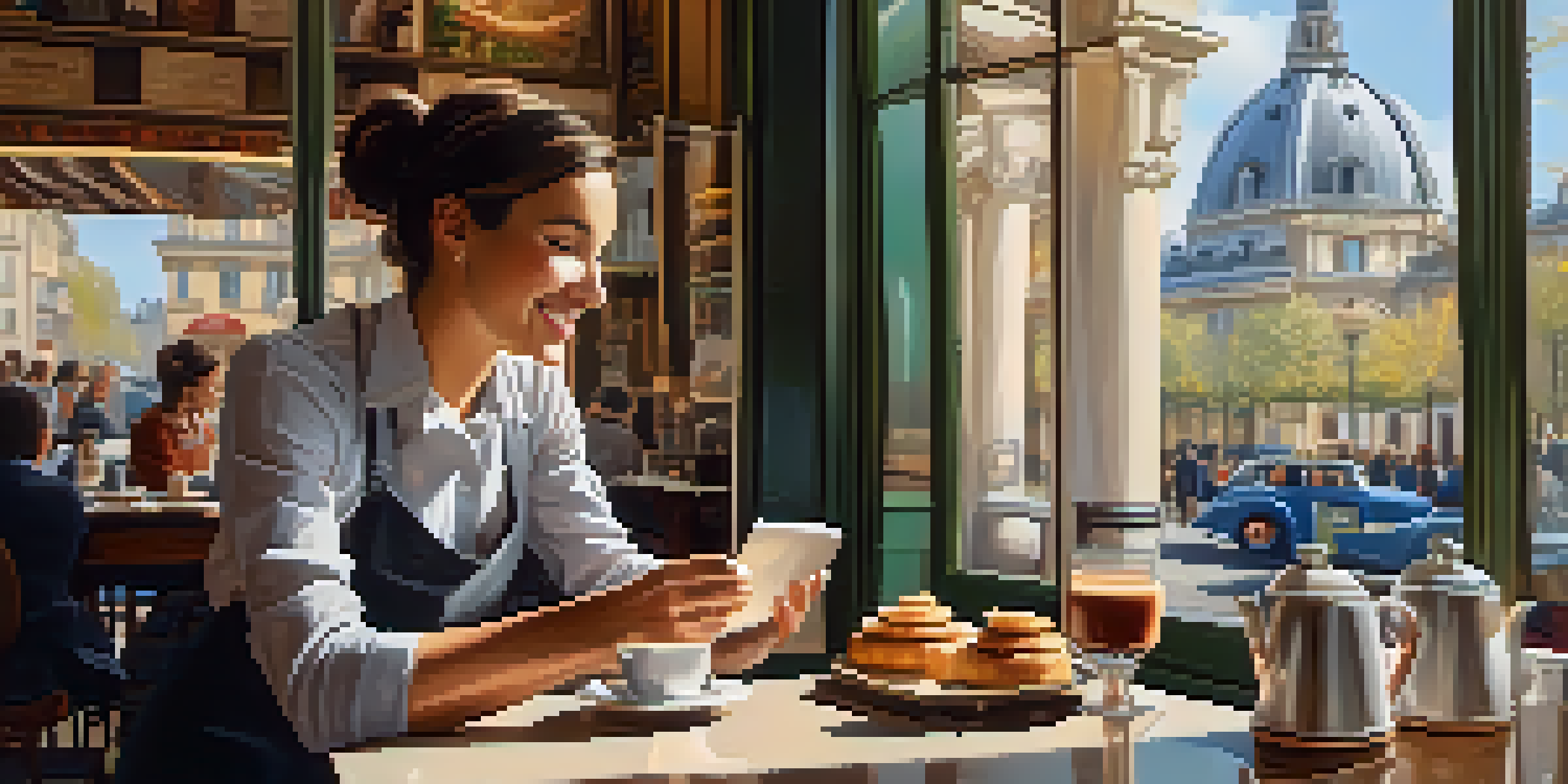 A traveler ordering coffee in a sunny Parisian café, with a smiling barista and colorful pastries visible.