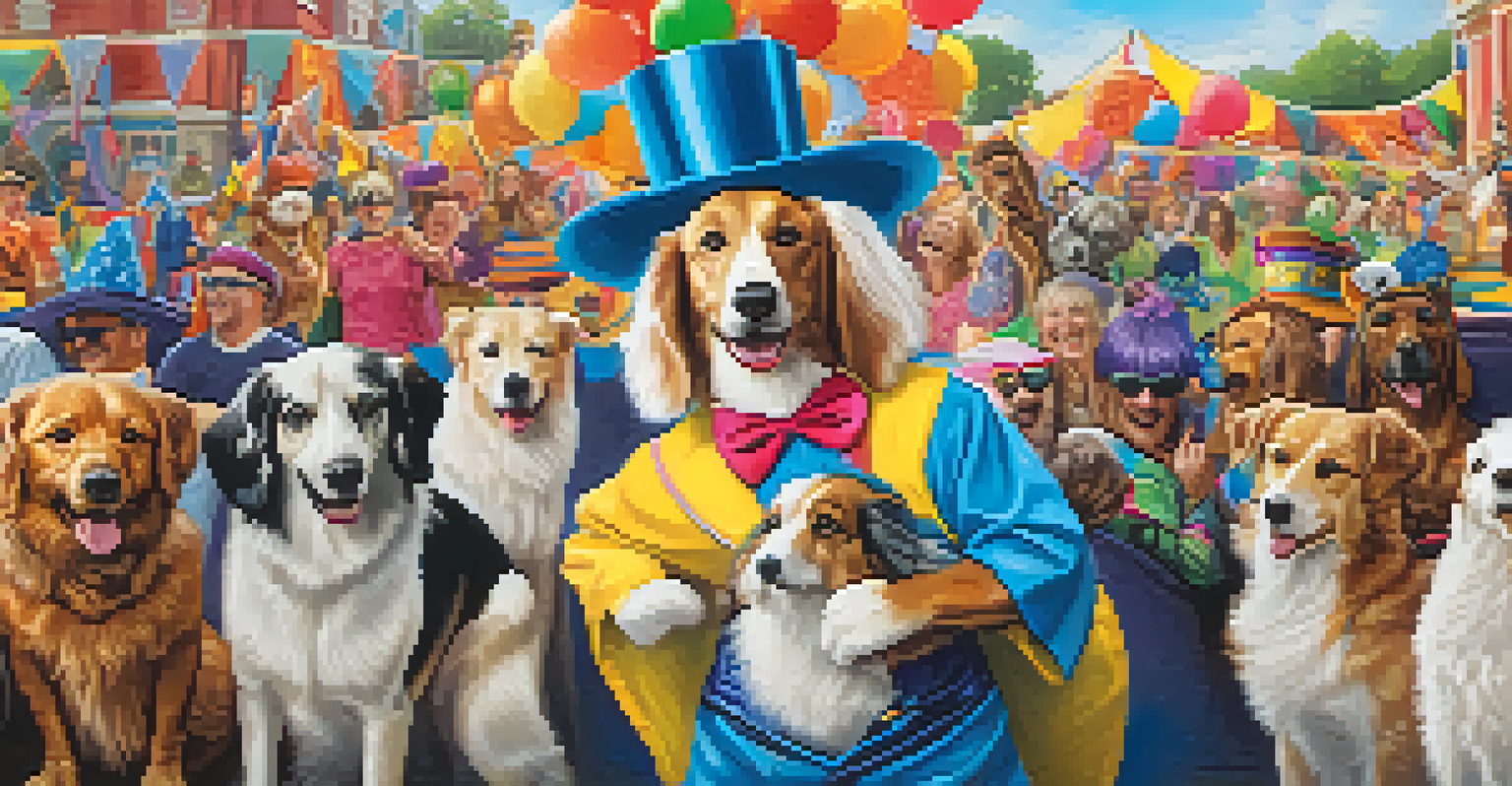 A dog in a colorful costume at a pet parade, surrounded by other pets and people celebrating.