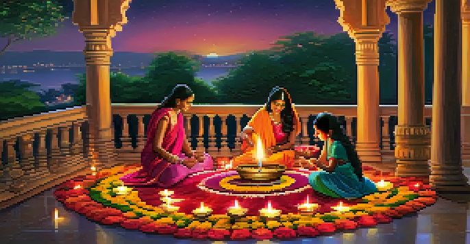 Families celebrating Diwali with oil lamps and fireworks in a decorated terrace.