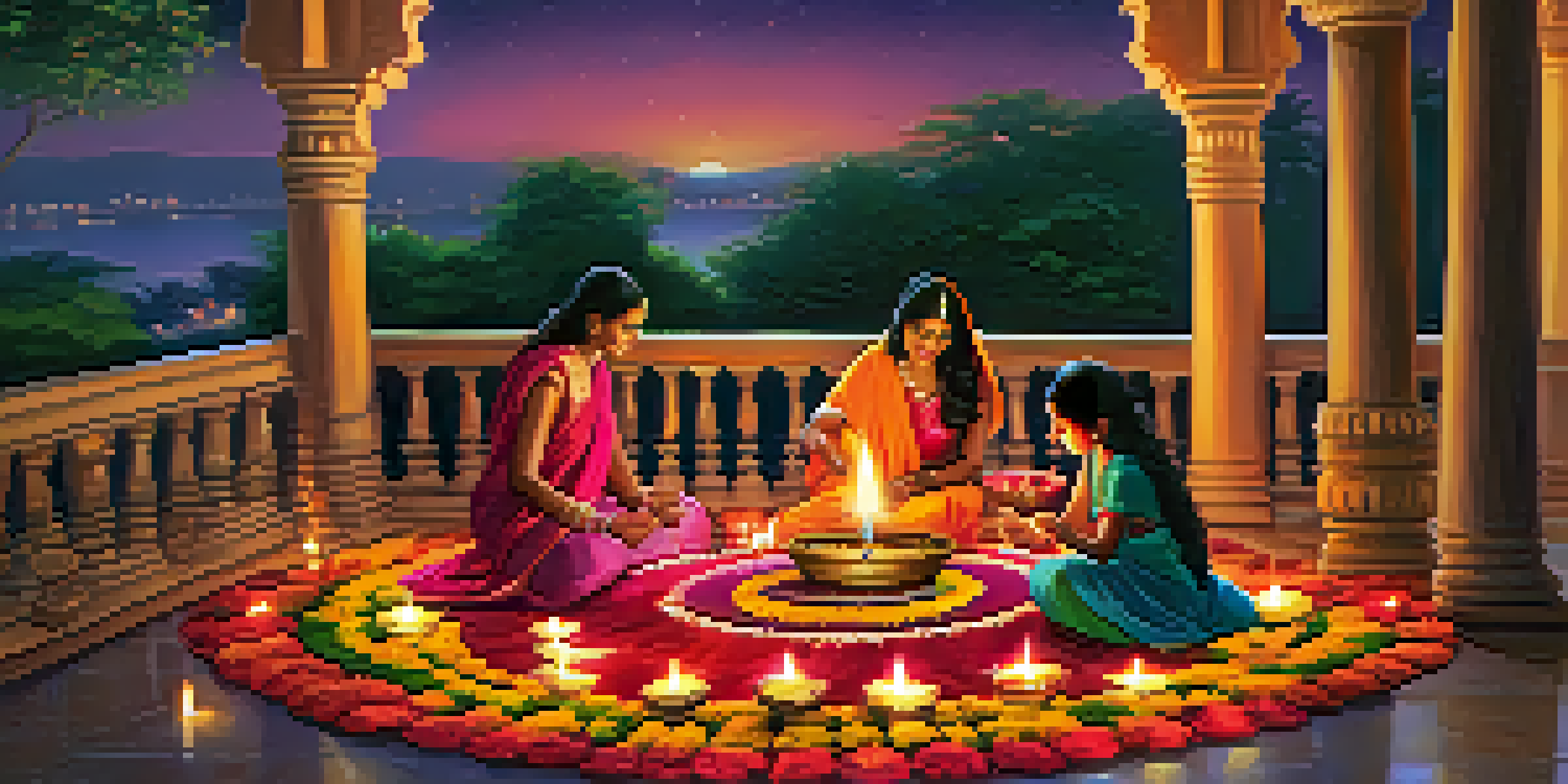 Families celebrating Diwali with oil lamps and fireworks in a decorated terrace.