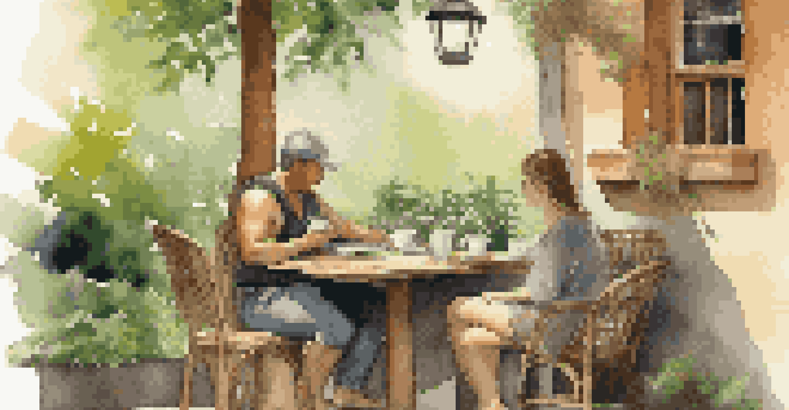 A traveler enjoying coffee at a café, unplugged from technology and engaging with a local.