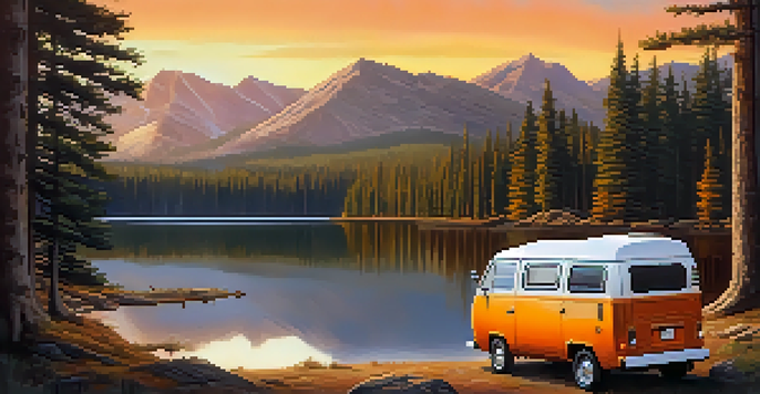 A van parked at a campsite by a tranquil lake surrounded by pine trees during sunset, with warm colors reflecting on the water.