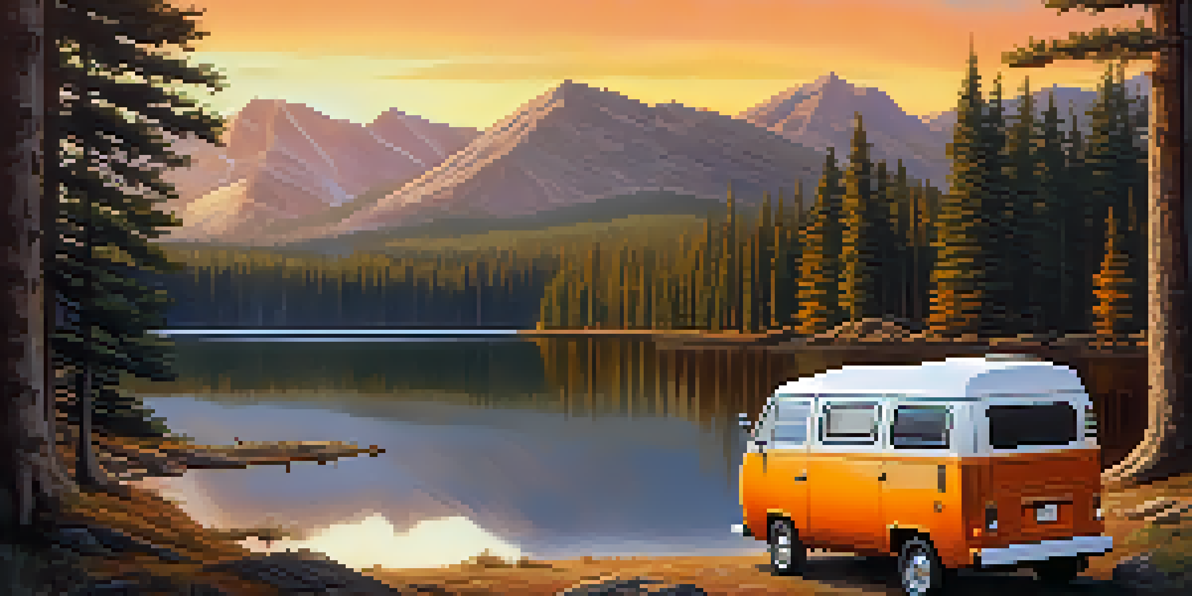 A van parked at a campsite by a tranquil lake surrounded by pine trees during sunset, with warm colors reflecting on the water.