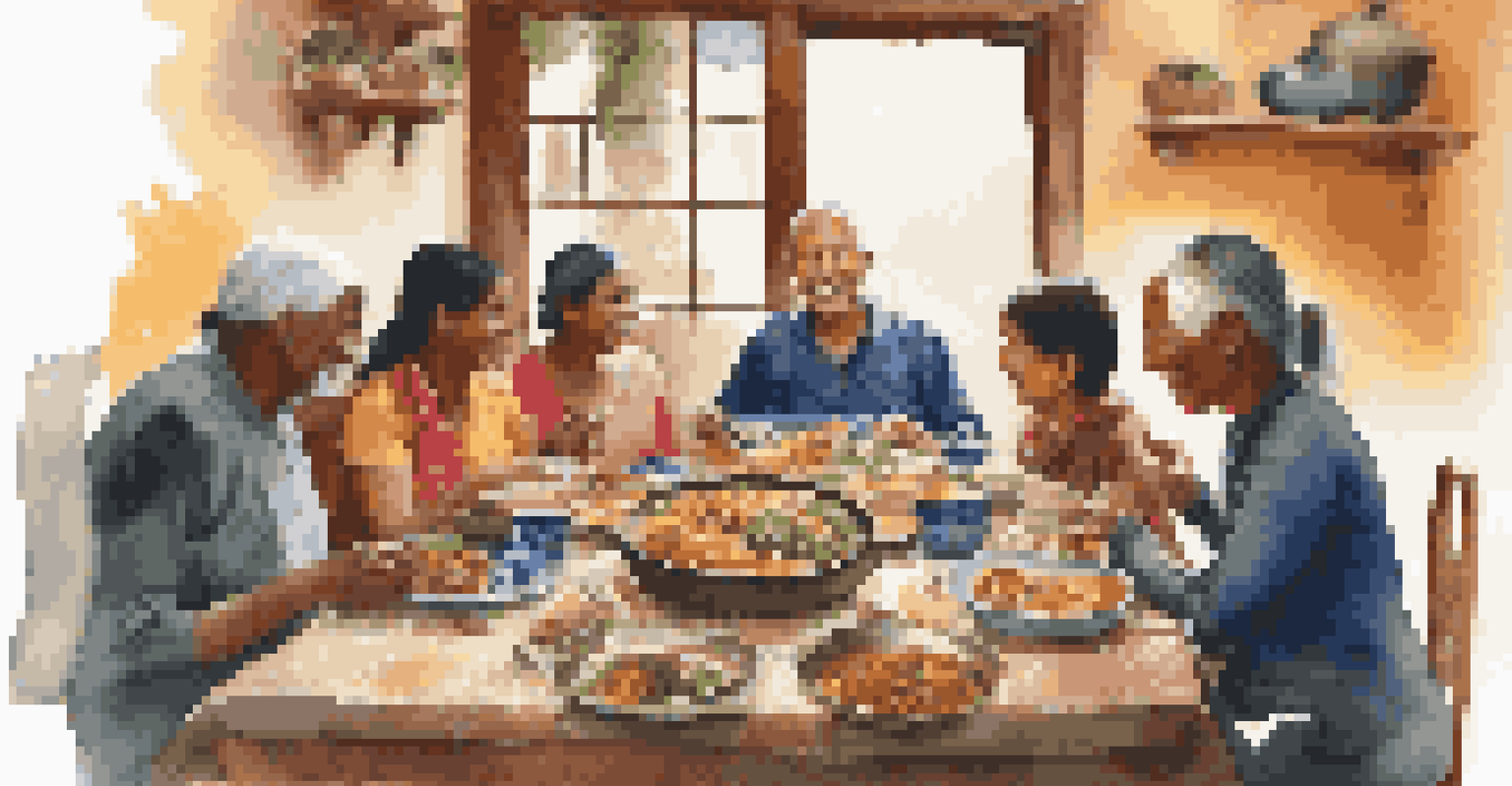 A volunteer sharing a meal with a local family at a dining table filled with traditional dishes, surrounded by cultural decorations.